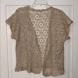 Womens Crochet Top Open Front Scalloped Hem Edges Coastal Grandma Cottage Fairy